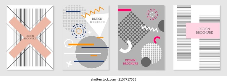 Set of cover design in Memphis style. Geometric design, abstract background. Fashionable bright cover, banner, poster, booklet. Creative colors.
