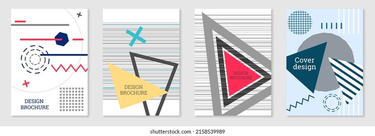 Set of cover design in Memphis style. Geometric design, abstract background. Fashionable bright cover, banner, poster, booklet. Creative colors.