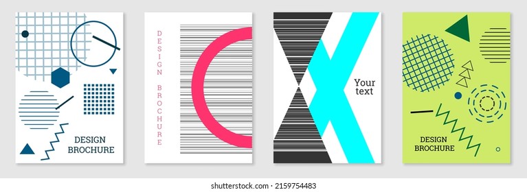 Cover-Design im Memphis-Stil. Geometrisches Design, abstrakter Hintergrund. Modisch helles Cover, Banner, Poster, Broschüre. Kreative Farben.