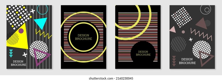 Set of cover design in Memphis style. Geometric design, abstract background. Fashionable bright cover, banner, poster, booklet. Creative colors.
