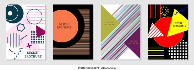Diseño de portada al estilo Memphis. Diseño geométrico, fondo abstracto. Portada moderna y brillante, pancarta, afiche, folleto. Colores creativos.