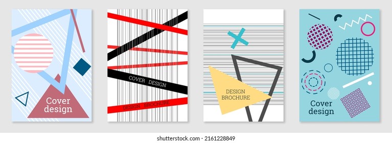Set of cover design in Memphis style. Geometric design, abstract background. Fashionable bright cover, banner, poster, booklet. Creative colors.