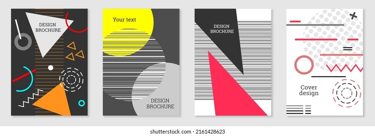 Set of cover design in Memphis style. Geometric design, abstract background. Fashionable bright cover, banner, poster, booklet. Creative colors.
