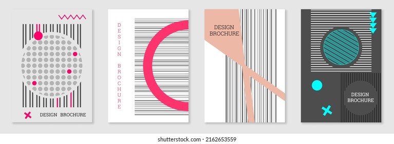 Cover-Design im Memphis-Stil. Geometrisches Design, abstrakter Hintergrund. Modisch helles Cover, Banner, Poster, Broschüre. Kreative Farben.
