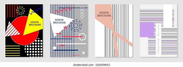 Cover-Design im Memphis-Stil. Geometrisches Design, abstrakter Hintergrund. Modisch helles Cover, Banner, Poster, Broschüre. Kreative Farben.