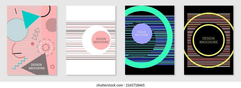 Set of cover design in Memphis style. Geometric design, abstract background. Fashionable bright cover, banner, poster, booklet. Creative colors.