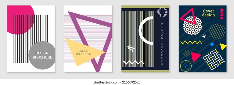 Set of cover design in Memphis style. Geometric design, abstract background. Fashionable bright cover, banner, poster, booklet. Creative colors.