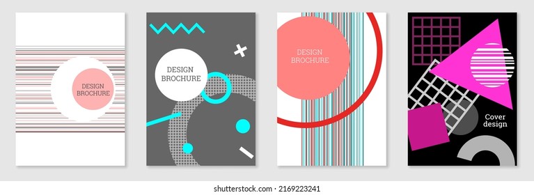 Cover-Design im Memphis-Stil. Geometrisches Design, abstrakter Hintergrund. Modisch helles Cover, Banner, Poster, Broschüre. Kreative Farben.