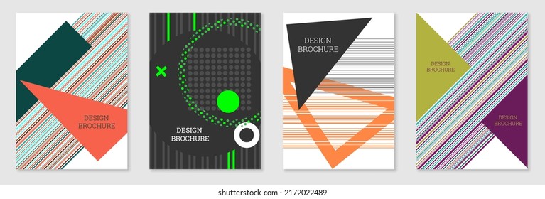 Set of cover design in Memphis style. Geometric design, abstract background. Fashionable bright cover, banner, poster, booklet. Creative colors.
