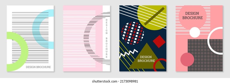 Set of cover design in Memphis style. Geometric design, abstract background. Fashionable bright cover, banner, poster, booklet. Creative colors.