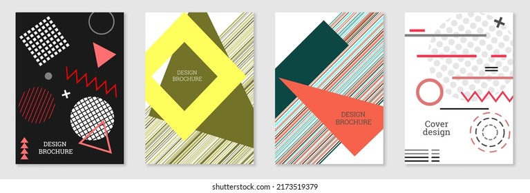 Cover-Design im Memphis-Stil. Geometrisches Design, abstrakter Hintergrund. Modisch helles Cover, Banner, Poster, Broschüre. Kreative Farben.