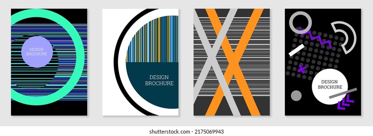 Set of cover design in Memphis style. Geometric design, abstract background. Fashionable bright cover, banner, poster, booklet. Creative colors.