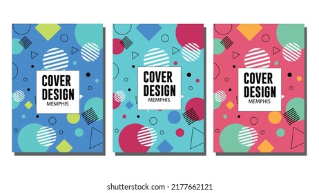 Set of cover design in Memphis style. Years’90. Geometric design, abstract background. Fashionable bright cover, banner, poster, booklet. Creative colors. Vector