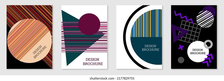 Set of cover design in Memphis style. Geometric design, abstract background. Fashionable bright cover, banner, poster, booklet. Creative colors.