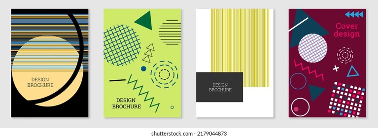 Cover-Design im Memphis-Stil. Geometrisches Design, abstrakter Hintergrund. Modisch helles Cover, Banner, Poster, Broschüre. Kreative Farben.