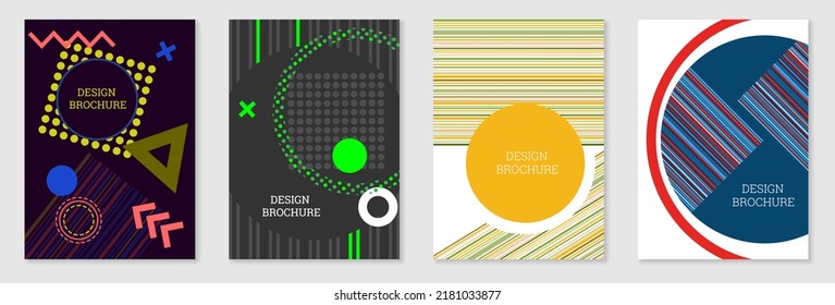 Diseño de portada al estilo Memphis. Diseño geométrico, fondo abstracto. Portada moderna y brillante, pancarta, afiche, folleto. Colores creativos.