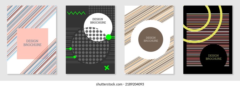 Set of cover design in Memphis style. Geometric design, abstract background. Fashionable bright cover, banner, poster, booklet. Creative colors.