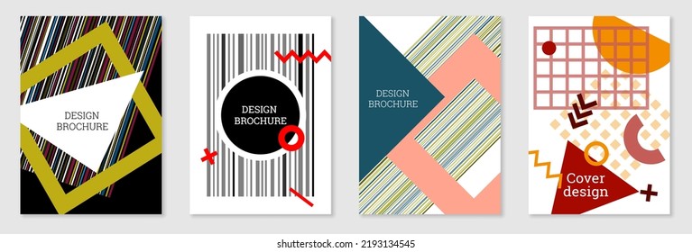 Set of cover design in Memphis style. Geometric design, abstract background. Fashionable bright cover, banner, poster, booklet. Creative colors.
