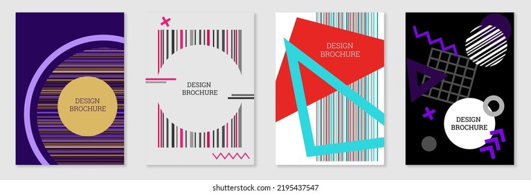 Set of cover design in Memphis style. Geometric design, abstract background. Fashionable bright cover, banner, poster, booklet. Creative colors.