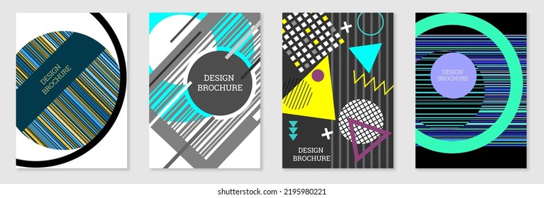 Diseño de portada al estilo Memphis. Diseño geométrico, fondo abstracto. Portada moderna y brillante, pancarta, afiche, folleto. Colores creativos.