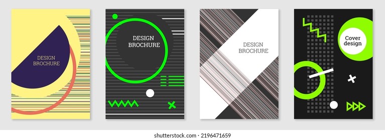 Set of cover design in Memphis style. Geometric design, abstract background. Fashionable bright cover, banner, poster, booklet. Creative colors.