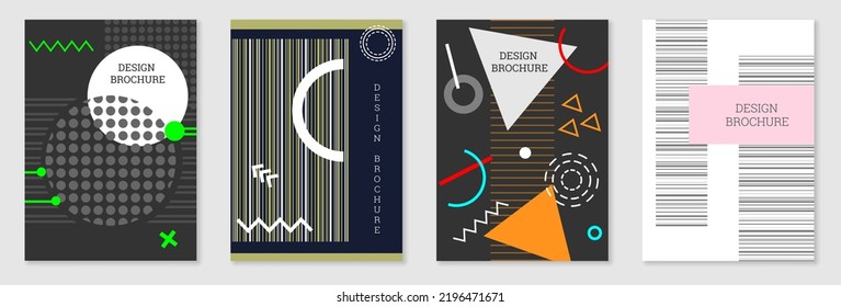 Cover-Design im Memphis-Stil. Geometrisches Design, abstrakter Hintergrund. Modisch helles Cover, Banner, Poster, Broschüre. Kreative Farben.