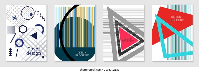 Set of cover design in Memphis style. Geometric design, abstract background. Fashionable bright cover, banner, poster, booklet. Creative colors.