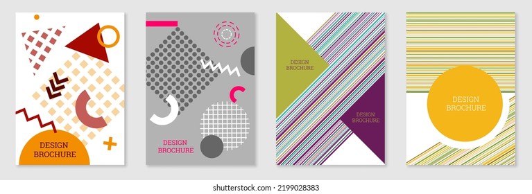 Cover-Design im Memphis-Stil. Geometrisches Design, abstrakter Hintergrund. Modisch helles Cover, Banner, Poster, Broschüre. Kreative Farben.
