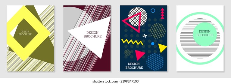 Set of cover design in Memphis style. Geometric design, abstract background. Fashionable bright cover, banner, poster, booklet. Creative colors.