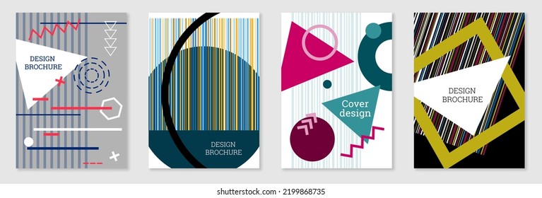 Diseño de portada al estilo Memphis. Diseño geométrico, fondo abstracto. Portada moderna y brillante, pancarta, afiche, folleto. Colores creativos.