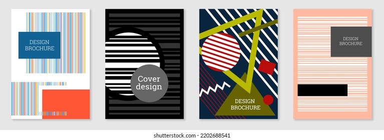 Set of cover design in Memphis style. Geometric design, abstract background. Fashionable bright cover, banner, poster, booklet. Creative colors.