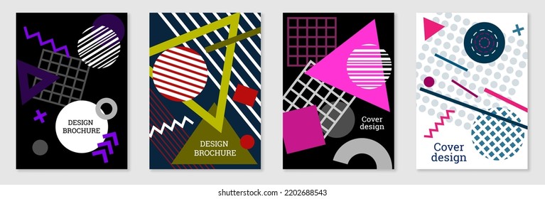 Diseño de portada al estilo Memphis. Diseño geométrico, fondo abstracto. Portada moderna y brillante, pancarta, afiche, folleto. Colores creativos.