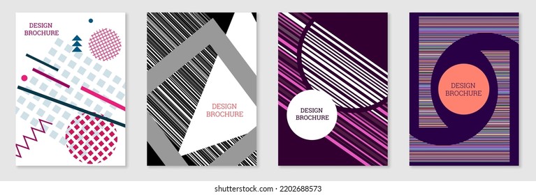 Set of cover design in Memphis style. Geometric design, abstract background. Fashionable bright cover, banner, poster, booklet. Creative colors.