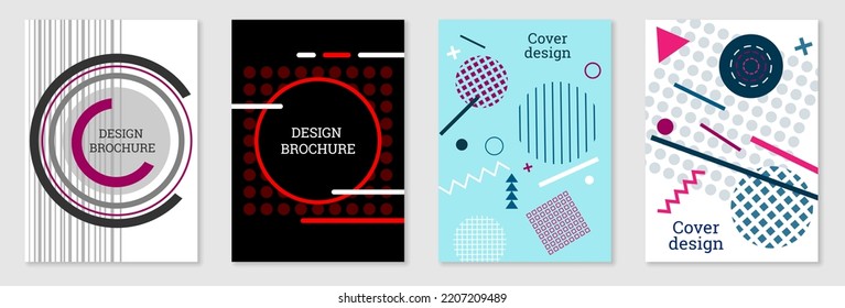 Set of cover design in Memphis style. Geometric design, abstract background. Fashionable bright cover, banner, poster, booklet. Creative colors.