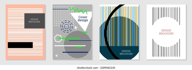 Set of cover design in Memphis style. Geometric design, abstract background. Fashionable bright cover, banner, poster, booklet. Creative colors.