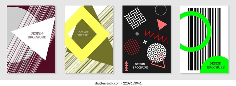 Set of cover design in Memphis style. Geometric design, abstract background. Fashionable bright cover, banner, poster, booklet. Creative colors.