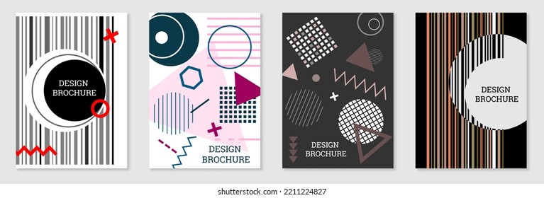 Set of cover design in Memphis style. Geometric design, abstract background. Fashionable bright cover, banner, poster, booklet. Creative colors.