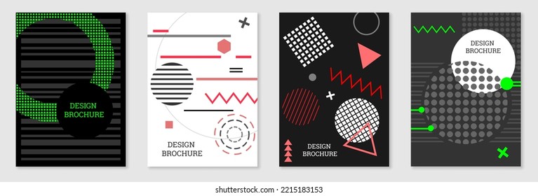 Set of cover design in Memphis style. Geometric design, abstract background. Fashionable bright cover, banner, poster, booklet. Creative colors.