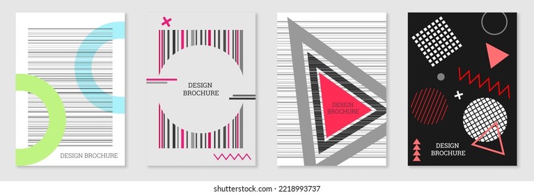 Set of cover design in Memphis style. Geometric design, abstract background. Fashionable bright cover, banner, poster, booklet. Creative colors.