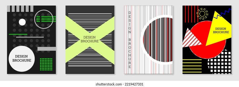 Set of cover design in Memphis style. Geometric design, abstract background. Fashionable bright cover, banner, poster, booklet. Creative colors.