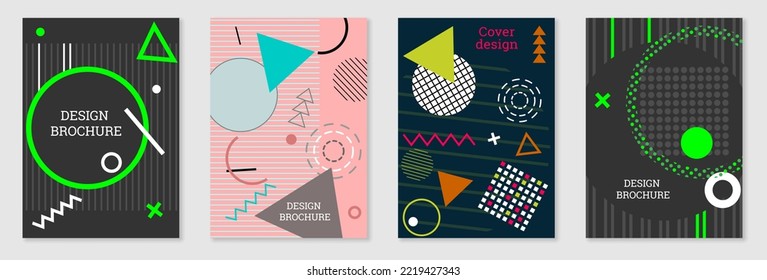 Set of cover design in Memphis style. Geometric design, abstract background. Fashionable bright cover, banner, poster, booklet. Creative colors.