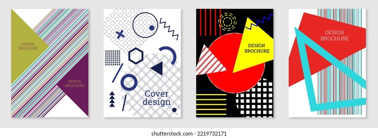 Set of cover design in Memphis style. Geometric design, abstract background. Fashionable bright cover, banner, poster, booklet. Creative colors.