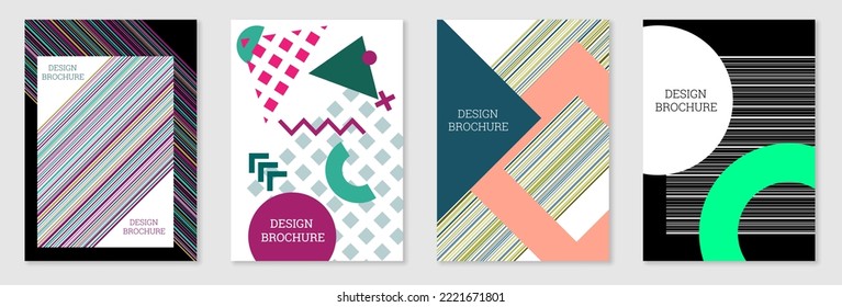 Set of cover design in Memphis style. Geometric design, abstract background. Fashionable bright cover, banner, poster, booklet. Creative colors.
