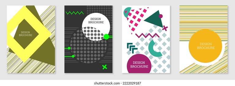 Set of cover design in Memphis style. Geometric design, abstract background. Fashionable bright cover, banner, poster, booklet. Creative colors.