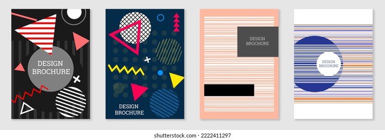 Set of cover design in Memphis style. Geometric design, abstract background. Fashionable bright cover, banner, poster, booklet. Creative colors.