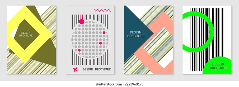 Set of cover design in Memphis style. Geometric design, abstract background. Fashionable bright cover, banner, poster, booklet. Creative colors.