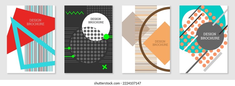 Set of cover design in Memphis style. Geometric design, abstract background. Fashionable bright cover, banner, poster, booklet. Creative colors.