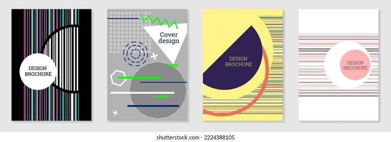 Set of cover design in Memphis style. Geometric design, abstract background. Fashionable bright cover, banner, poster, booklet. Creative colors.