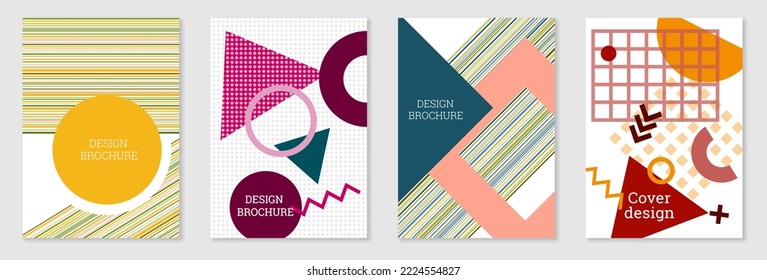 Set of cover design in Memphis style. Geometric design, abstract background. Fashionable bright cover, banner, poster, booklet. Creative colors.