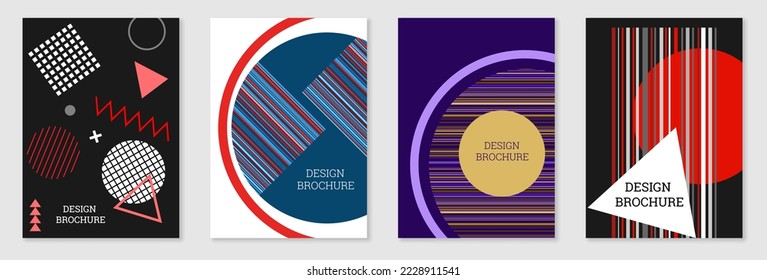 Set of cover design in Memphis style. Geometric design, abstract background. Fashionable bright cover, banner, poster, booklet. Creative colors.